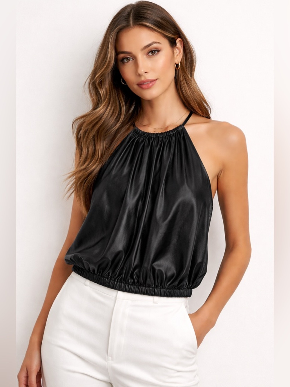 Theory Black Mercer Faux Leather Satin Halter Top – Gathered Neck Sleeveless